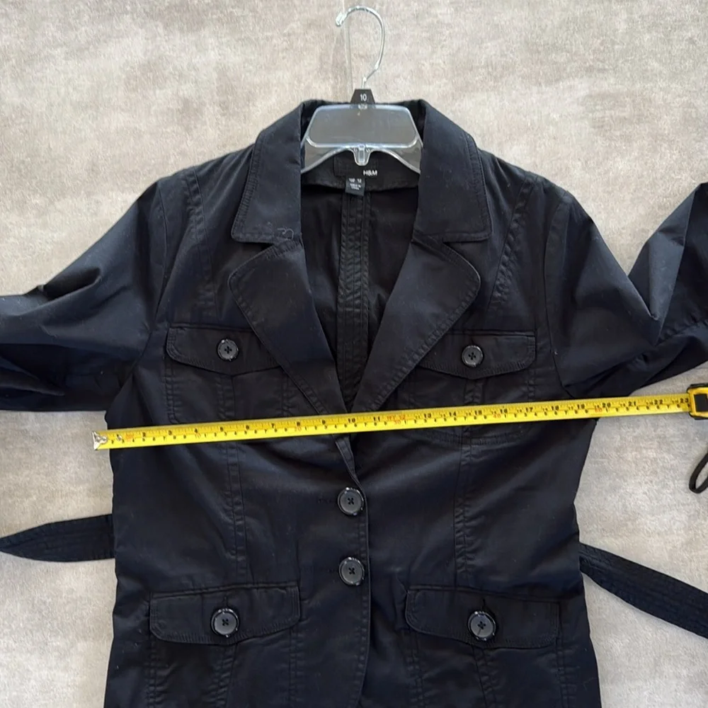 H&M Women's Rich Black Cotton-Blend Belted Waist Utility-Style Jacket - Size 14 - Picture 11 of 11
